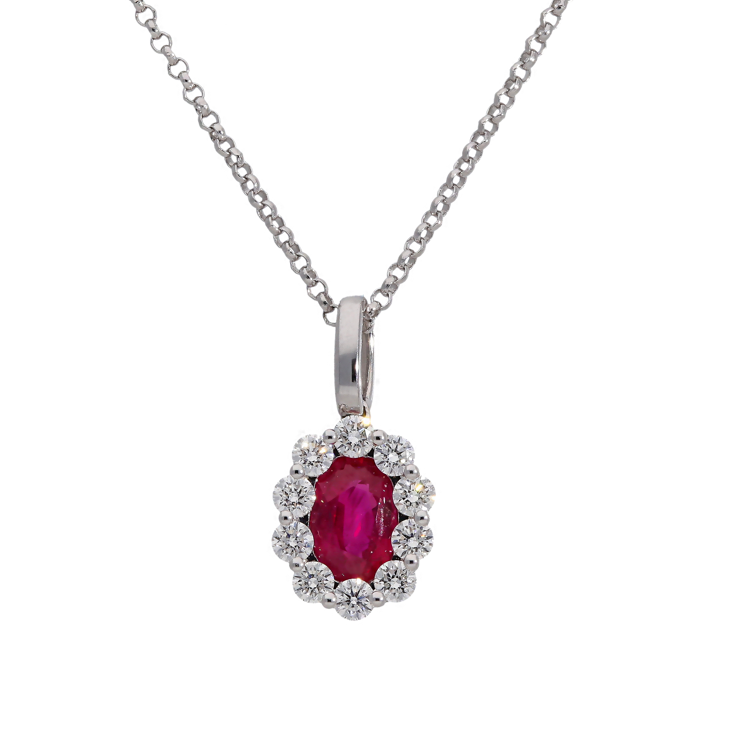 18ct White Gold Ruby & Diamond Cluster Pendant Necklace - Appleby Jewellers Dublin