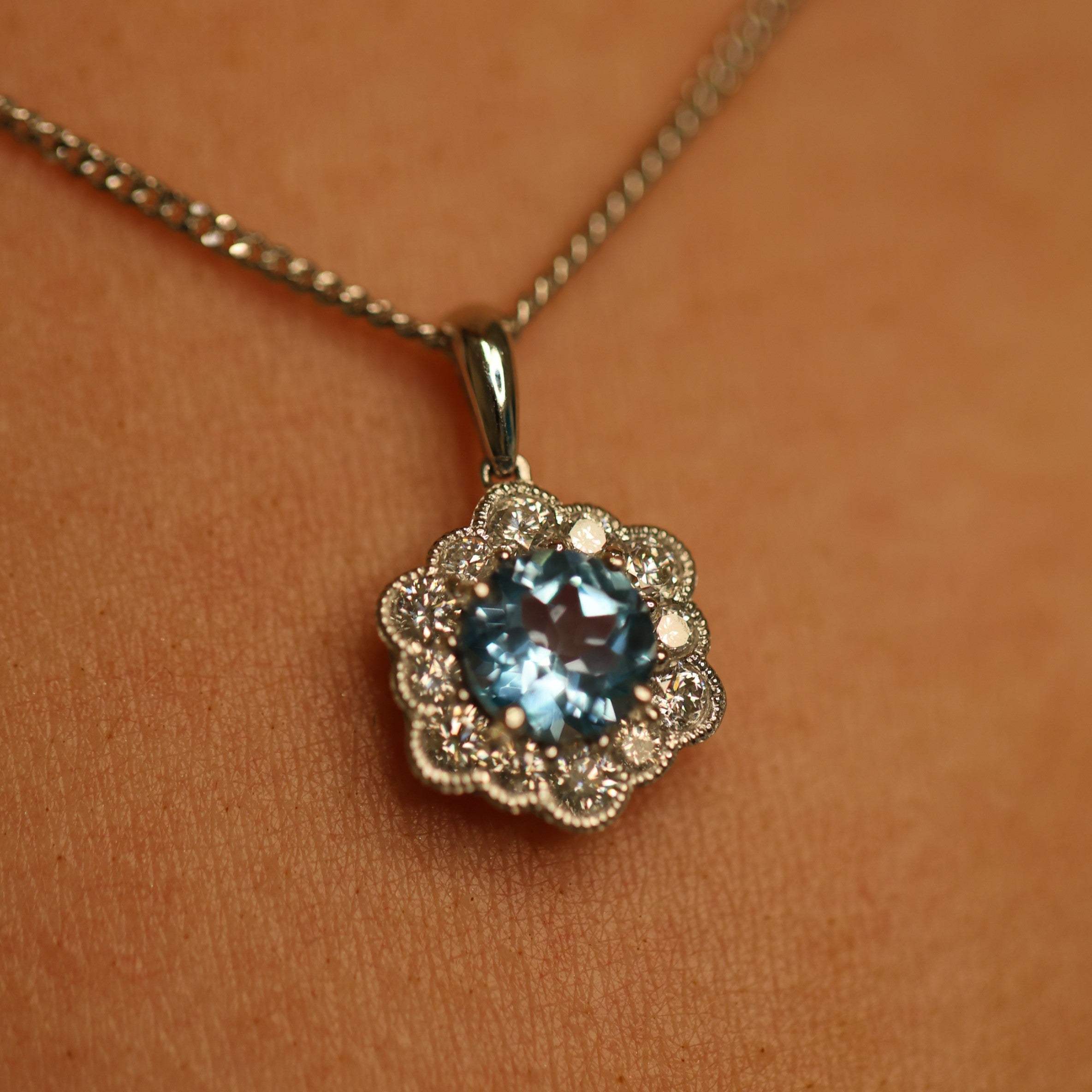 Blue Topaz & Diamond Flower Pendant - Appleby Jewellers Dublin