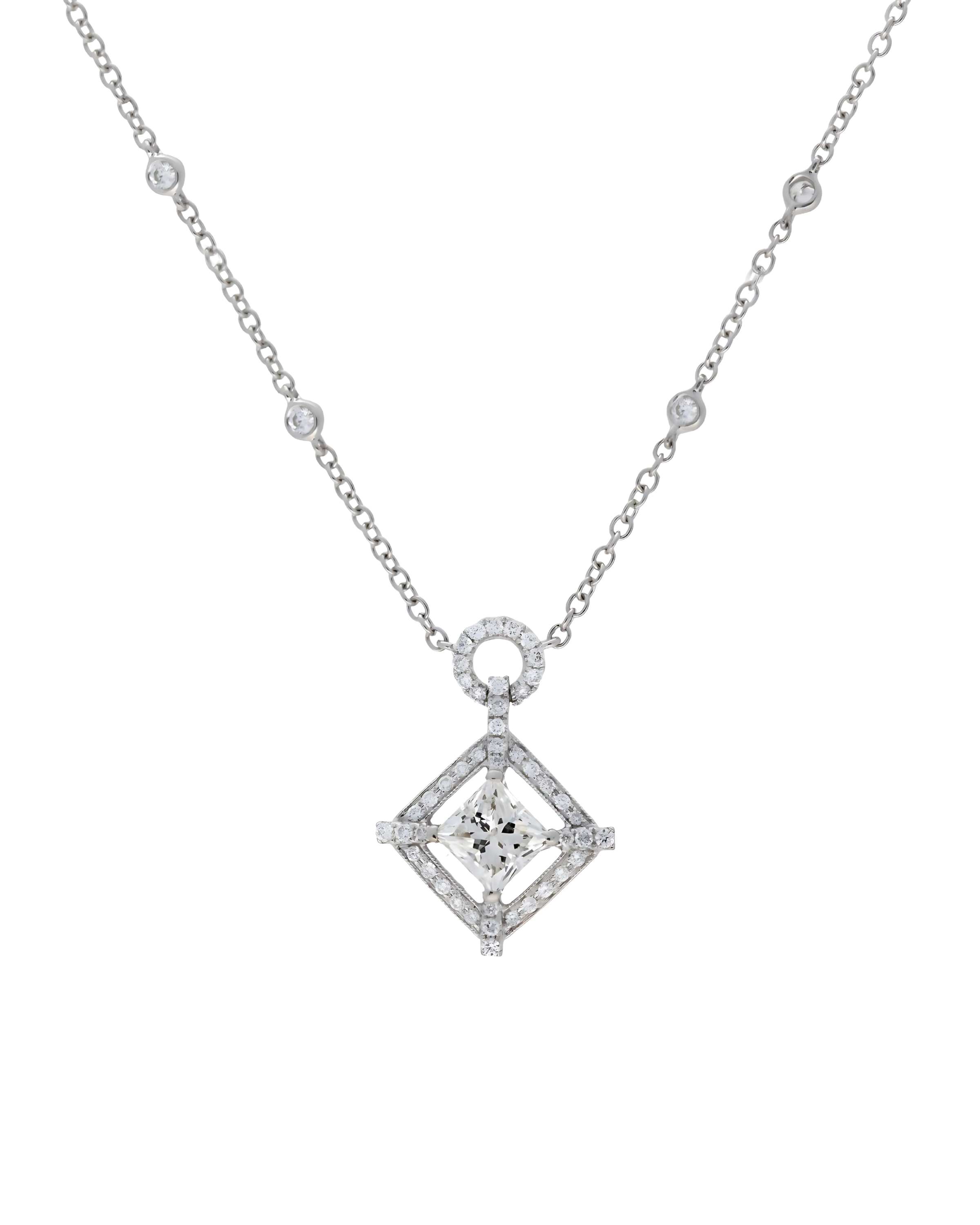 Princess Cut Diamond Halo Pendant with Diamond Chain - Appleby Jewellers Dublin