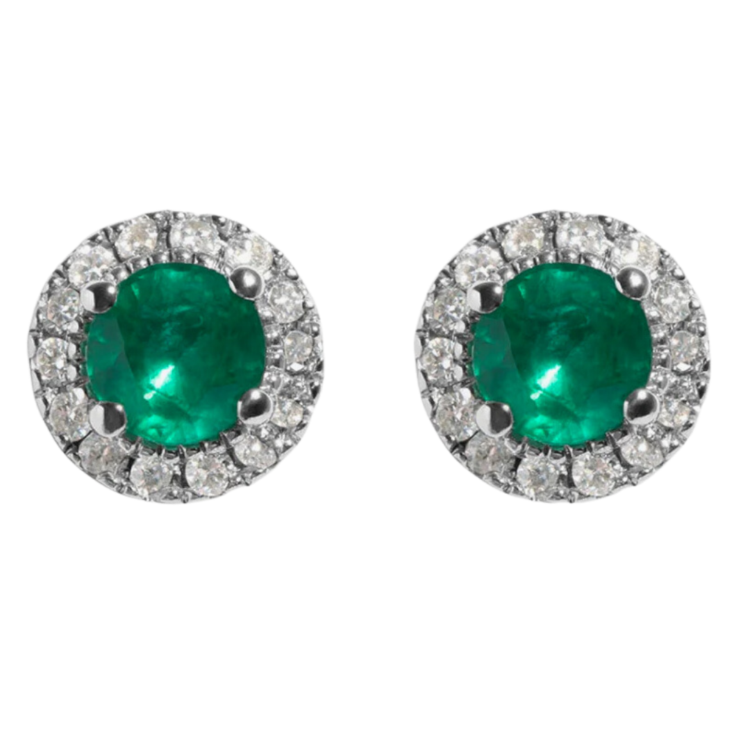 Round Halo Diamond & Emerald Earrings
