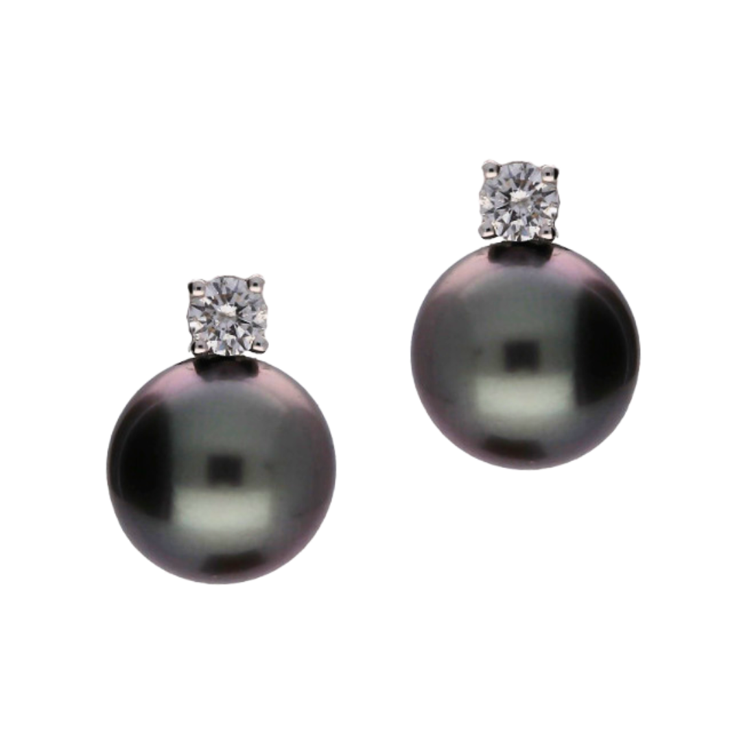 18ct White Gold Tahitian Pearl & Diamond Stud Earrings (0.25ct) - Appleby Jewellers Dublin
