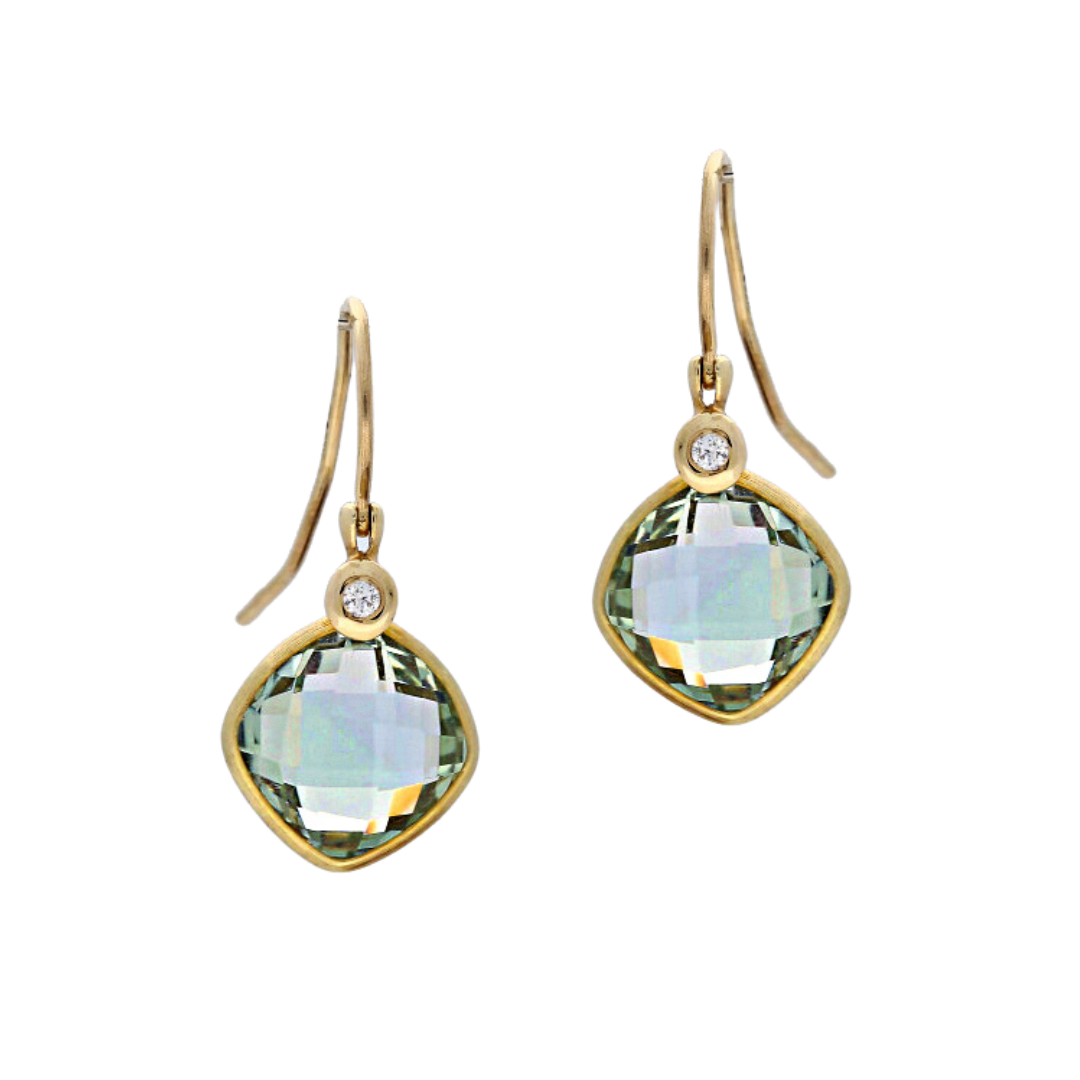 14ct Gold Green Amethyst & Diamond Drop Earrings - Appleby Jewellers Dublin
