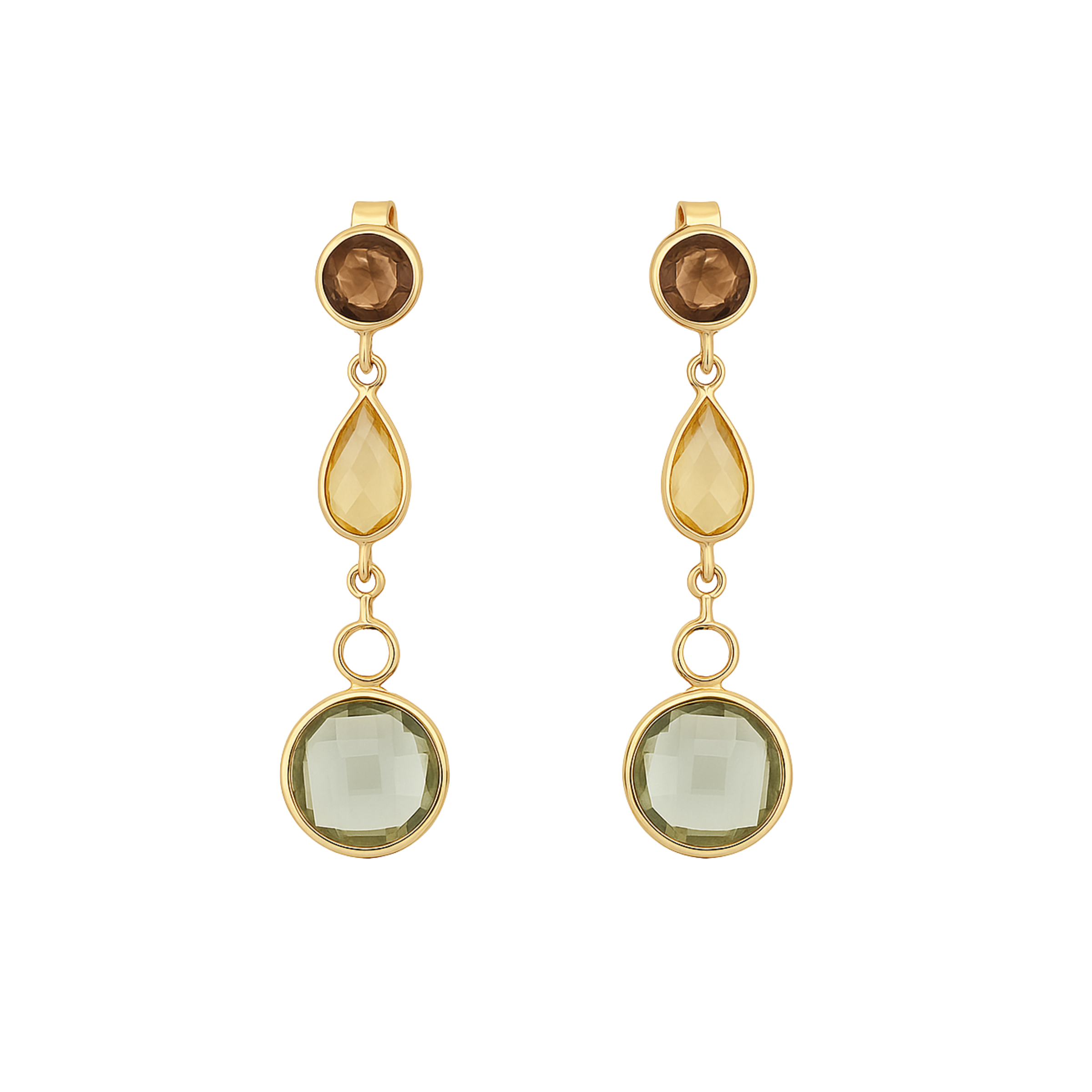 14ct Gold Amethyst, Citrine and Quartz Drop Earrings