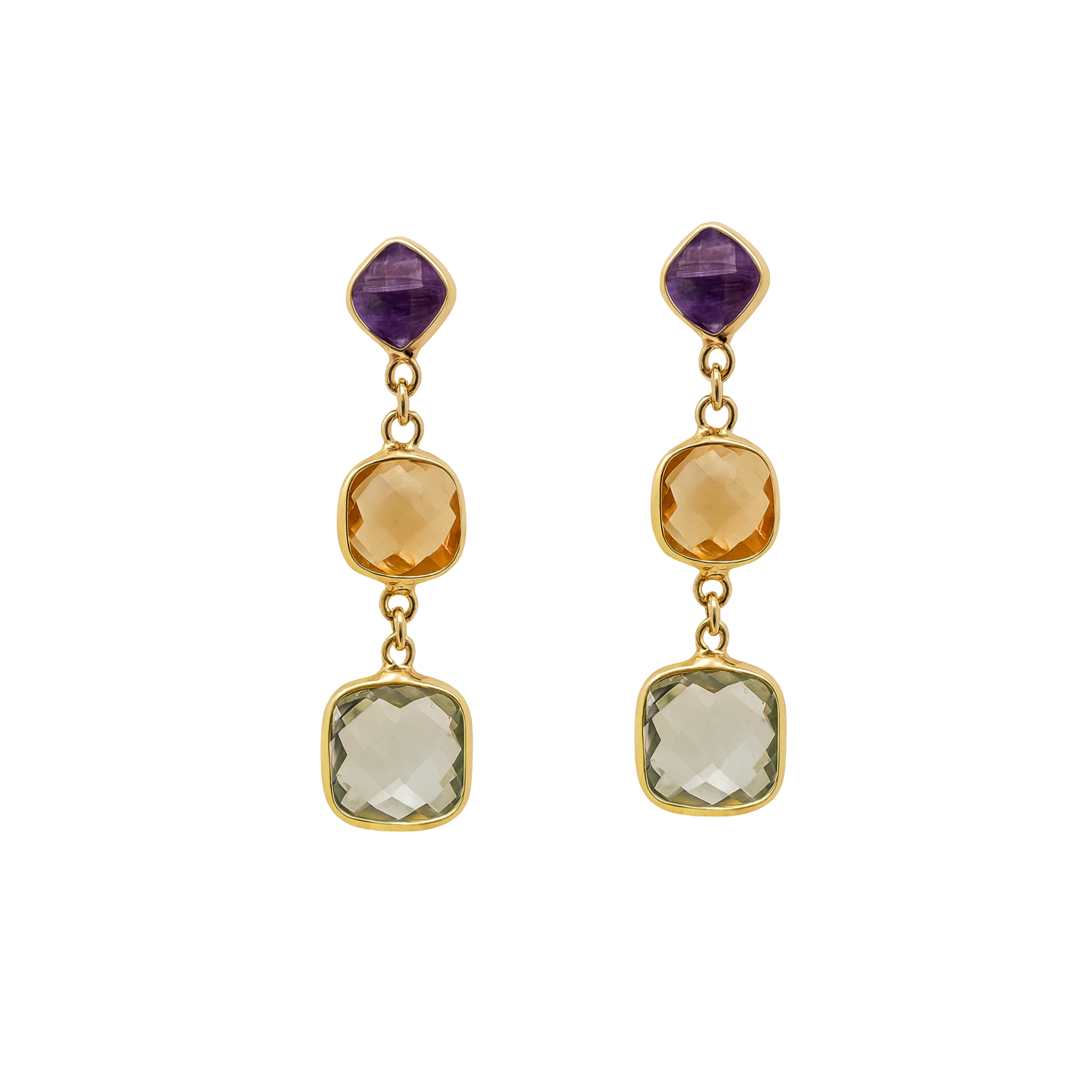 14ct Gold Citrine, Amethyst and Blue Topaz Drop Earrings