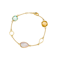 Gold bracelet with colorful gemstones on a white background