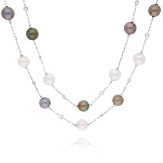 Multicoloured Akoya Pearl and Diamond White Gold Necklace
