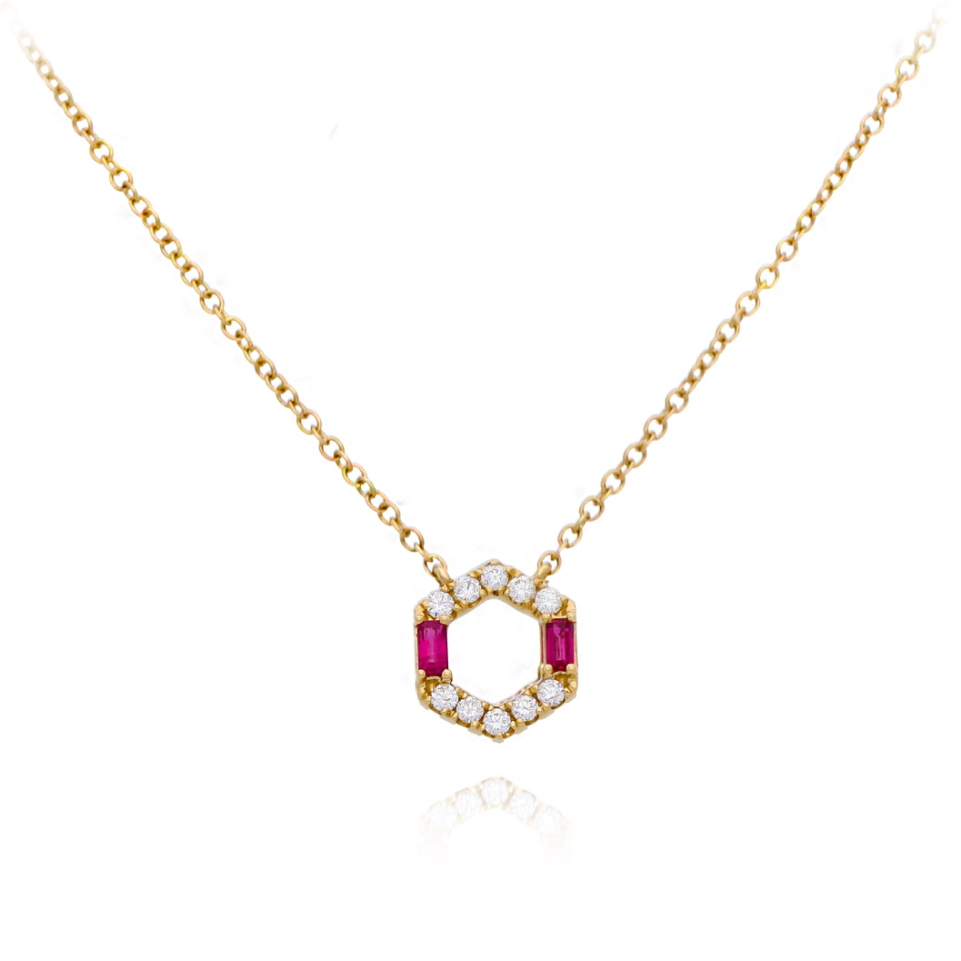 Ruby and Diamond Hexagon Pendant in White Gold