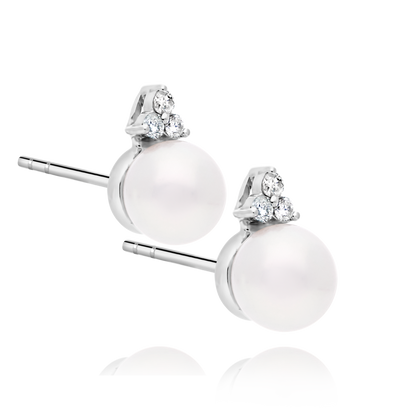 Pearl & Three Diamond Earrrings