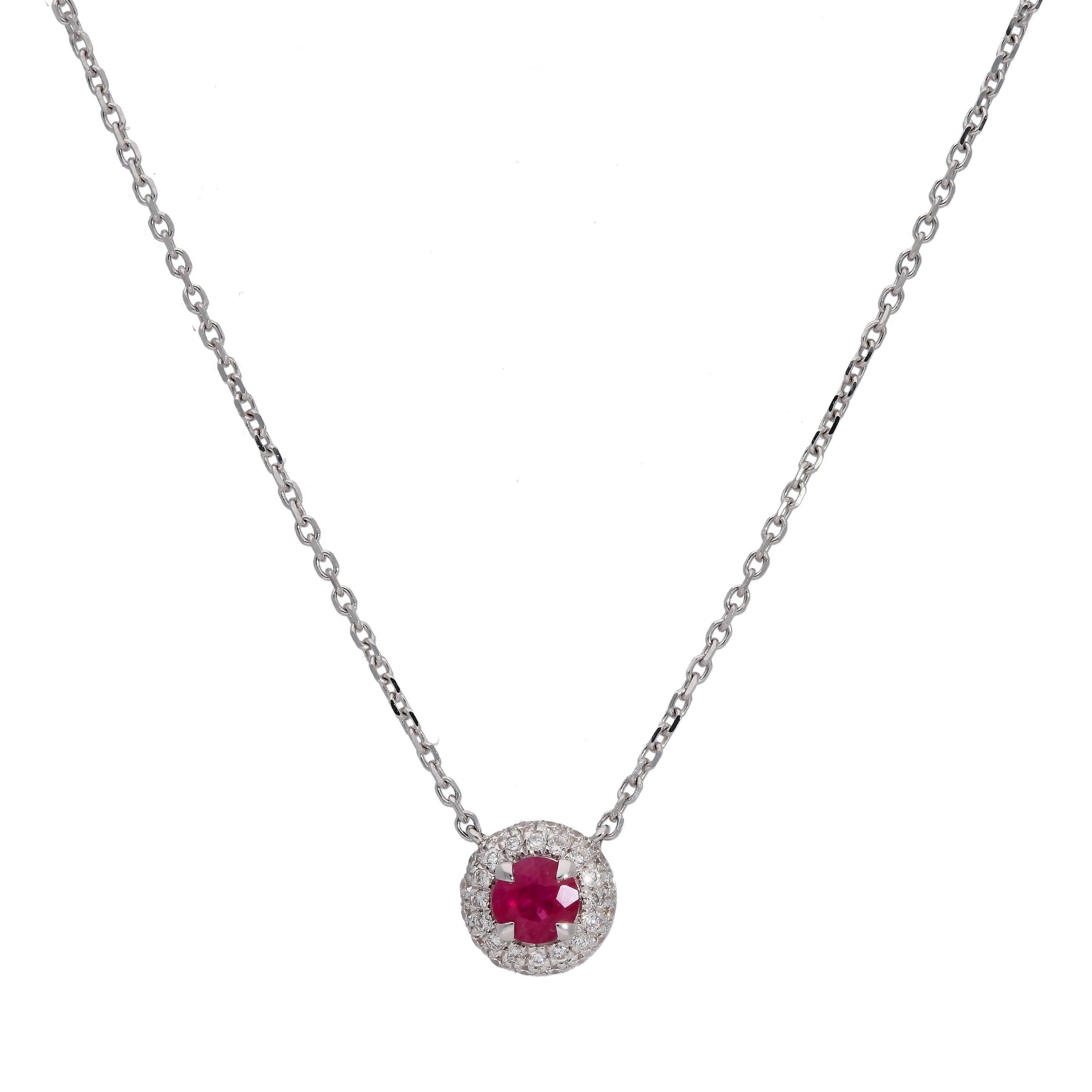 18ct White Gold Ruby & Diamond Halo Necklace