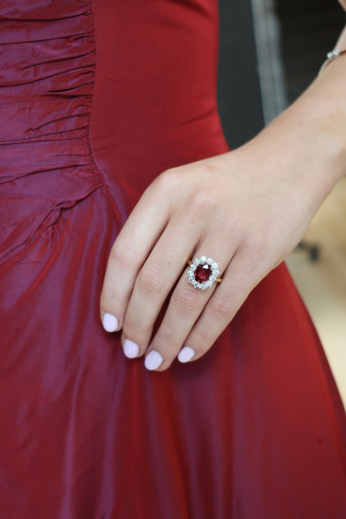 Elegant ruby diamond halo ring with 3.12ct ruby and sparkling diamonds, crafted by Appleby Jewellers Dublin.
