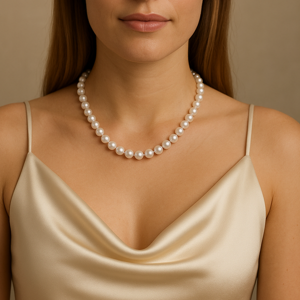 Elegant 17-inch freshwater pearl necklace by Appleby Jewellers Dublin, featuring lustrous round pearls on a delicate chain.
