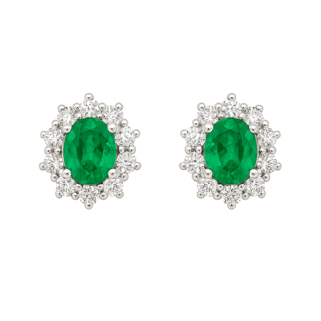 18ct White Gold Emerald & Diamond Halo Stud Earrings