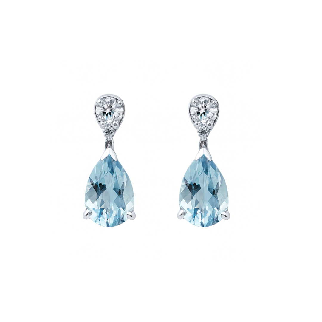 Elegant 18ct white gold aquamarine and diamond earrings featuring sparkling gemstones and intricate craftsmanship.