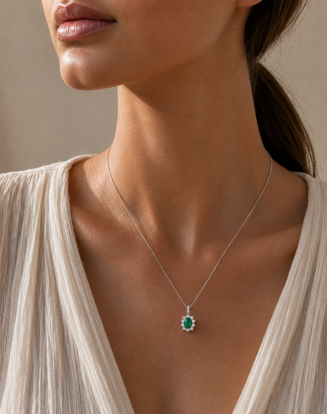 18ct White Gold Emerald & Diamond Pendant