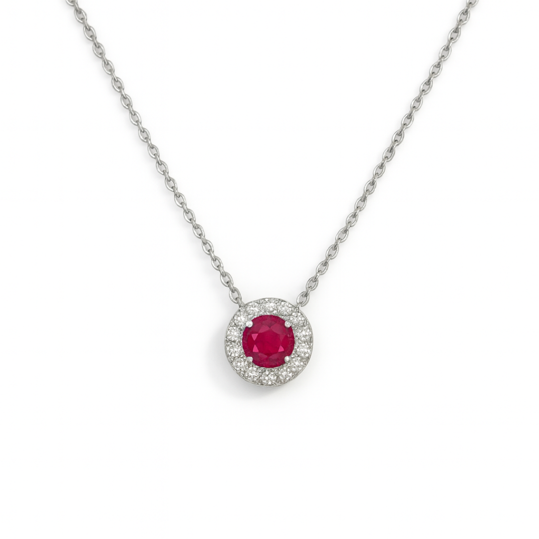 18ct white gold ruby and diamond halo pendant necklace with a central yellow diamond, crafted by Appleby Jewellers Dublin.