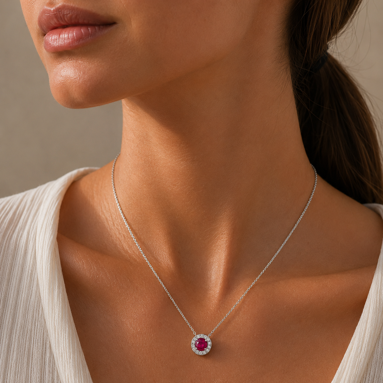18ct White Gold Ruby & Diamond Halo Pendant