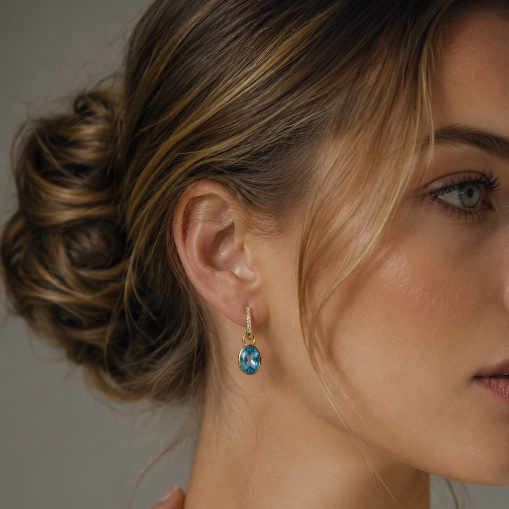 18ct Yellow Gold Blue Topaz & Diamond Drop Earrings