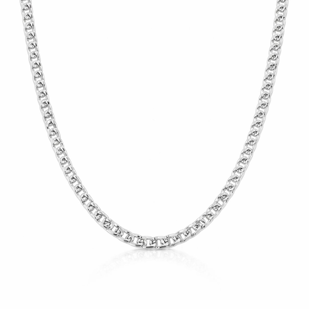 18ct white gold Franco chain necklace, 28 inches long, featuring a sleek and elegant design from Appleby Jewellers Dublin.