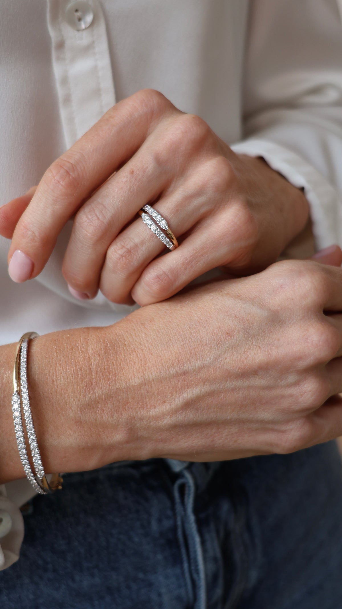 Double Diamond Orbit Ring by Appleby Jewellers Dublin, close-up of sterling silver ring with intricate diamond pattern design.