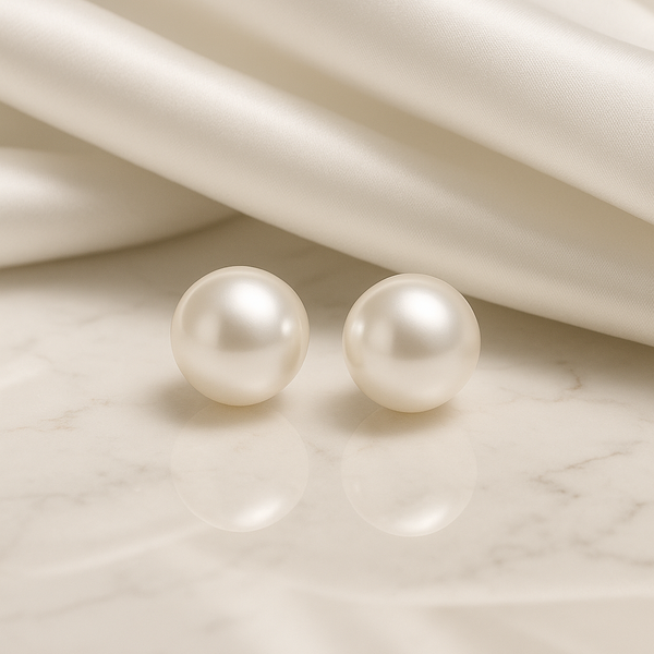 8-8.5mm Akoya pearl stud earrings with silver posts, showcasing lustrous round pearls, by Appleby Jewellers Dublin.