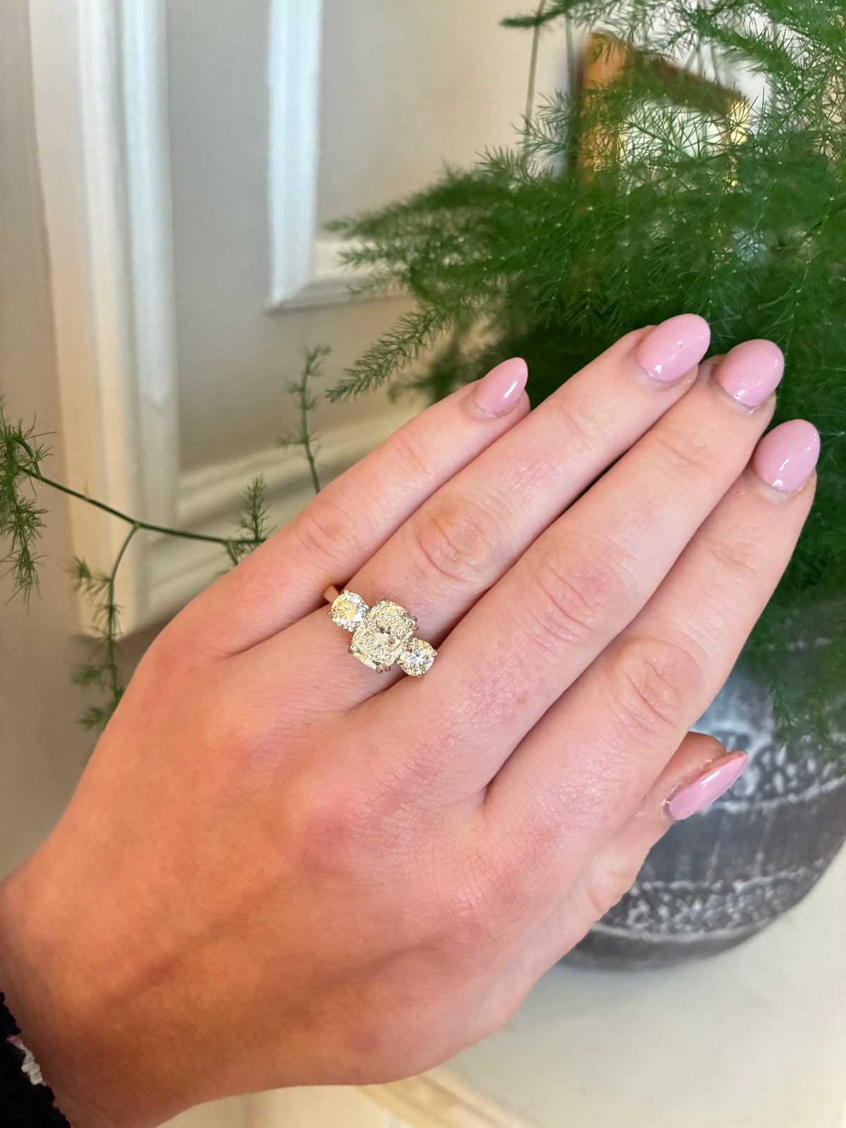Diamond ring featuring a cushion cut Trinity design by Appleby Jewellers Dublin, showcasing the elegant and sparkling gemstone setting.