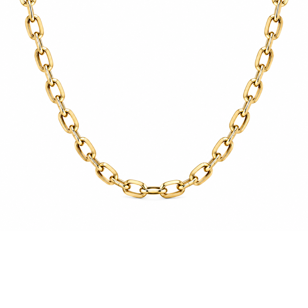 9ct yellow gold squared link chain necklace with a polished finish, showcasing a stylish geometric design by Appleby Jewellers Dublin