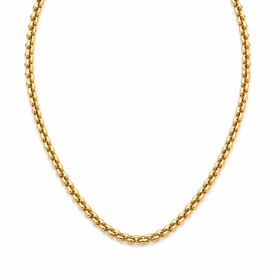 9ct yellow gold belcher chain necklace with polished links, showcasing a classic jewelry design.