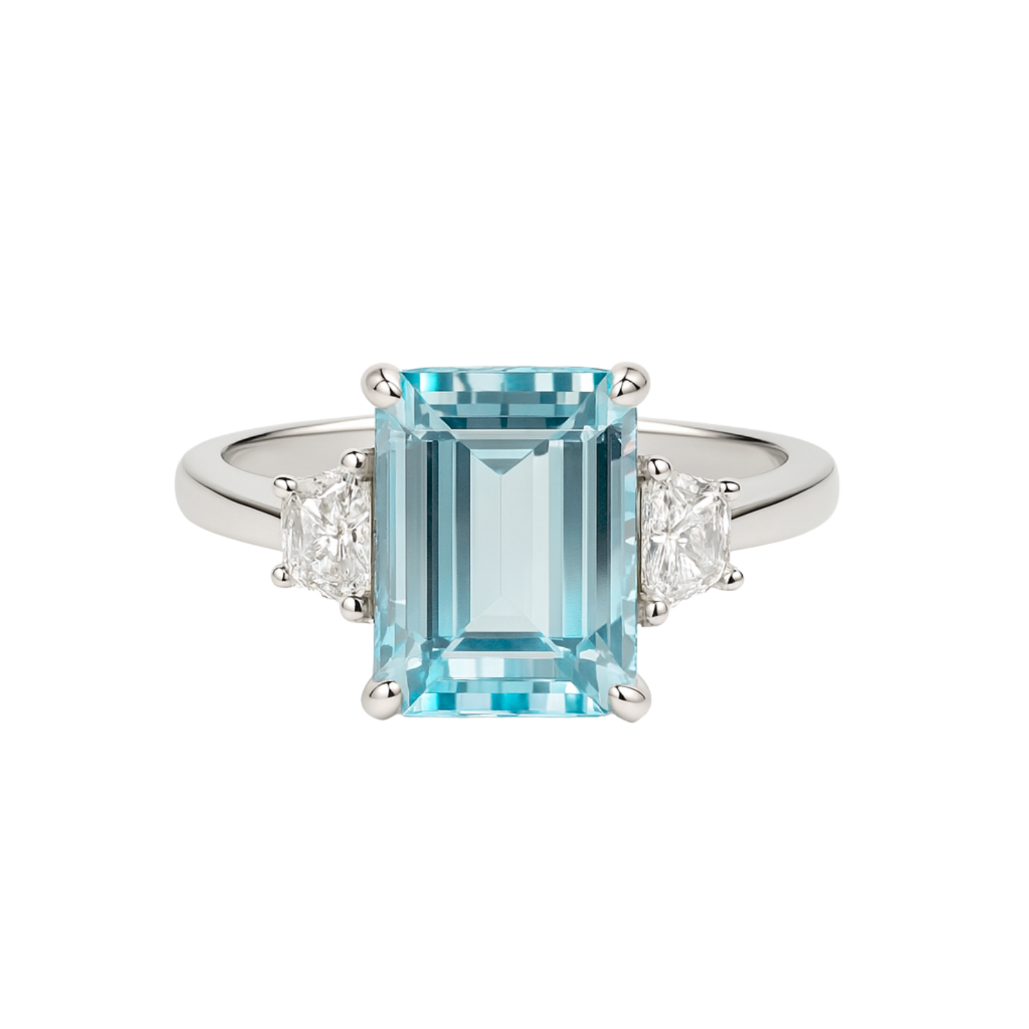 Emerald-Cut Aquamarine & Trapeze Diamond Trilogy Ring
