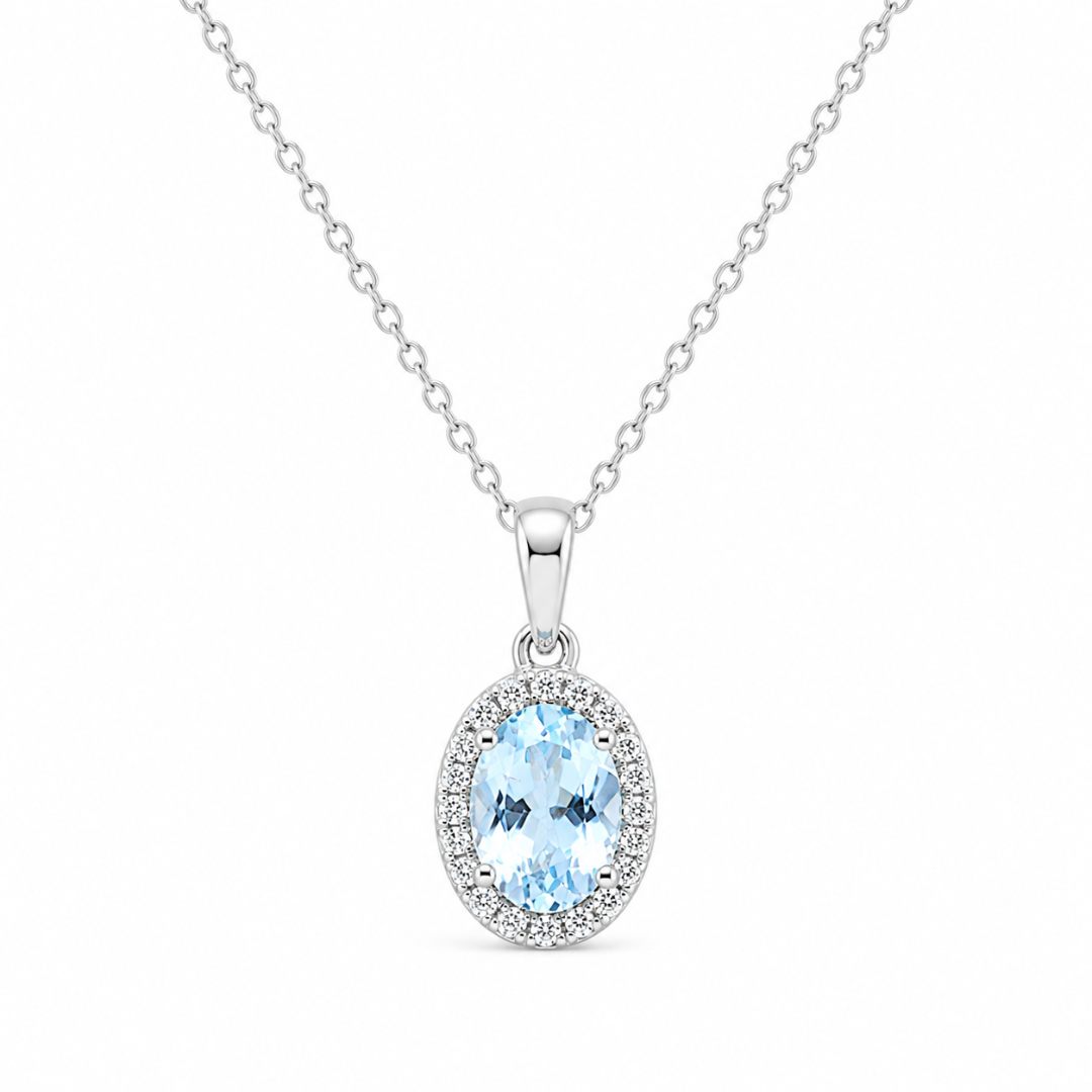 Elegant aquamarine and diamond pendant necklace by Appleby Jewellers Dublin, featuring a sparkling gemstone and delicate chain.