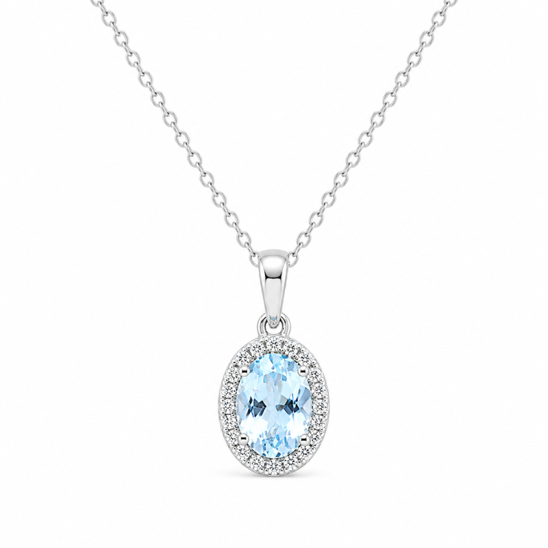 Elegant aquamarine and diamond pendant necklace by Appleby Jewellers Dublin, featuring a sparkling gemstone and delicate chain.