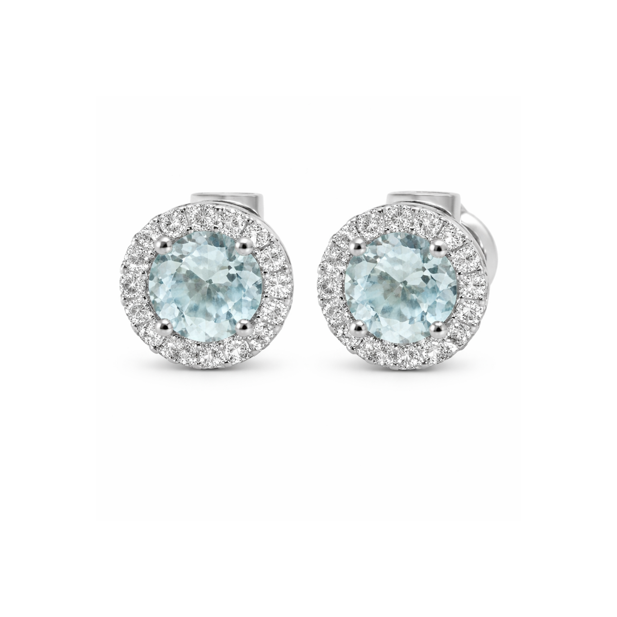 Aquamarine and diamond halo stud earrings in 18ct white gold, featuring sparkling stones and elegant design.