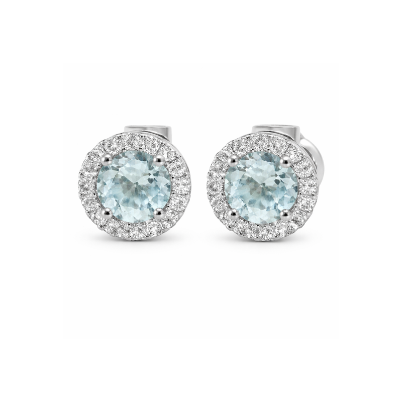 Aquamarine & Diamond Halo Stud Earrings in 18ct White Gold - Appleby Jewellers Dublin