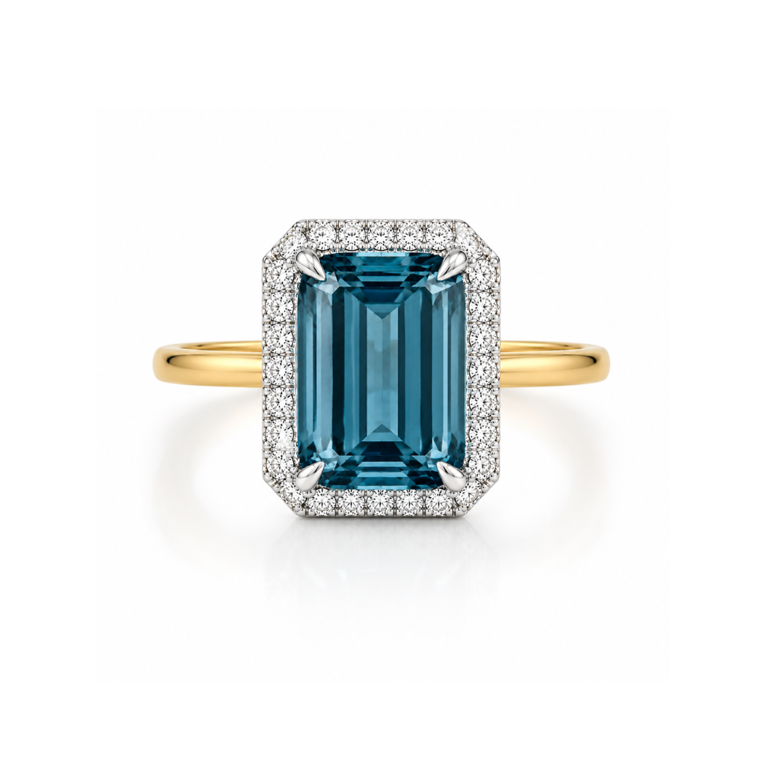 Elegant Art Deco aquamarine diamond ring by Appleby Jewellers Dublin showcasing intricate design and sparkling gemstones.