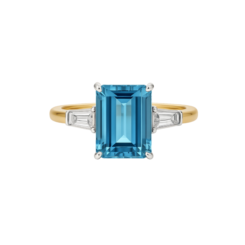 Aquamarine emerald cut ring with a sleek band, featuring a sparkling aquamarine gemstone, designed by Appleby Jewellers Dublin.