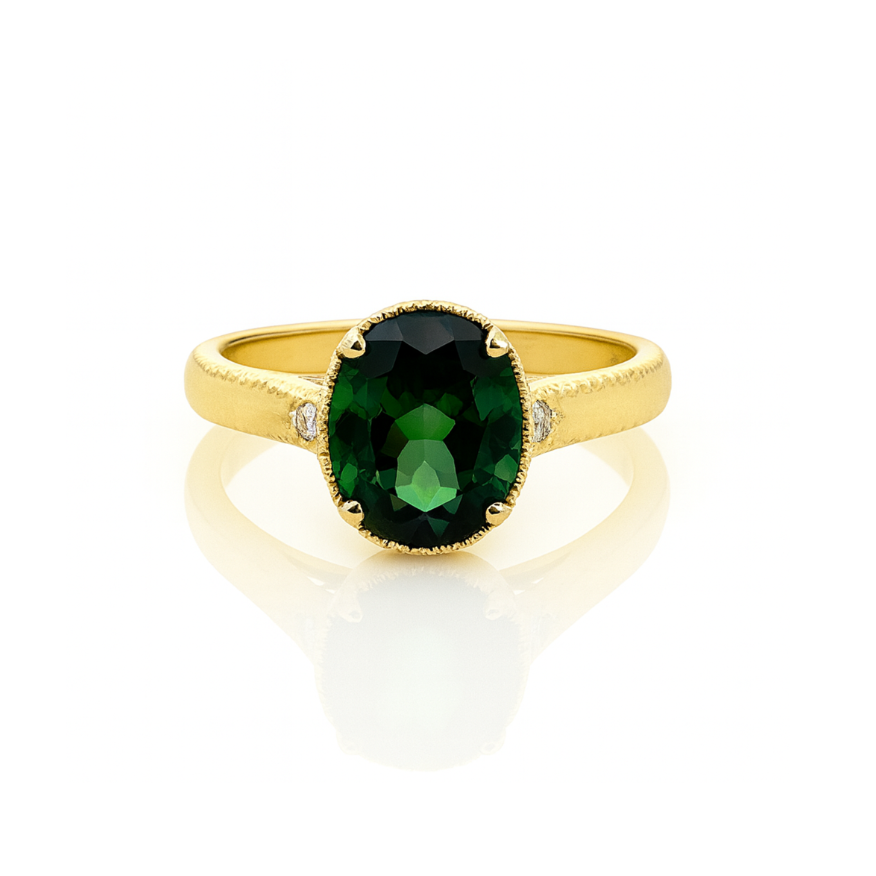Green tourmaline ring with a 3.45 carat gemstone set in a stylish band, designed by Appleby Jewellers Dublin.