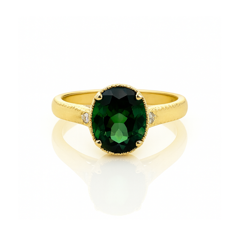 Green tourmaline ring with a 3.45 carat gemstone set in a stylish band, designed by Appleby Jewellers Dublin.