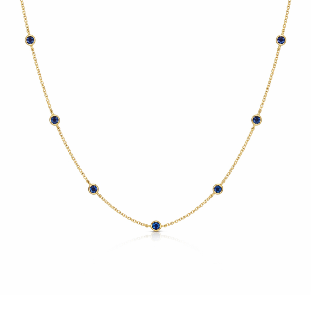 18K yellow gold vermeil sapphire chain necklace from Appleby Jewellers Dublin featuring a bezel-set sapphire pendant.
