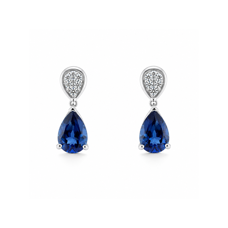 Blue sapphire and pear-shaped diamond drop earrings by Appleby Jewellers Dublin, showcasing elegant gemstone design