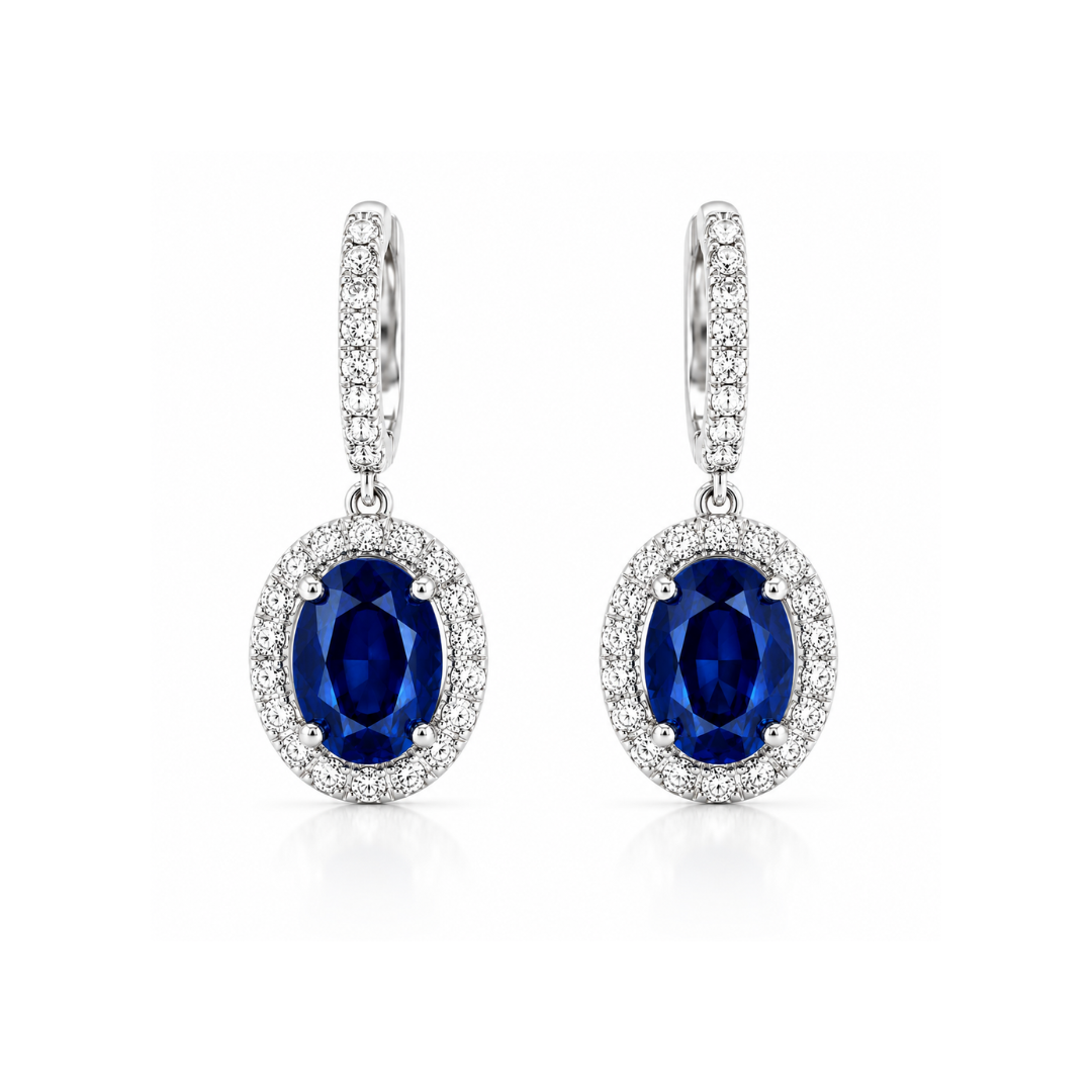 Oval blue sapphire and diamond drop earrings by Appleby Jewellers Dublin, featuring elegant blue sapphires and sparkling diamonds.