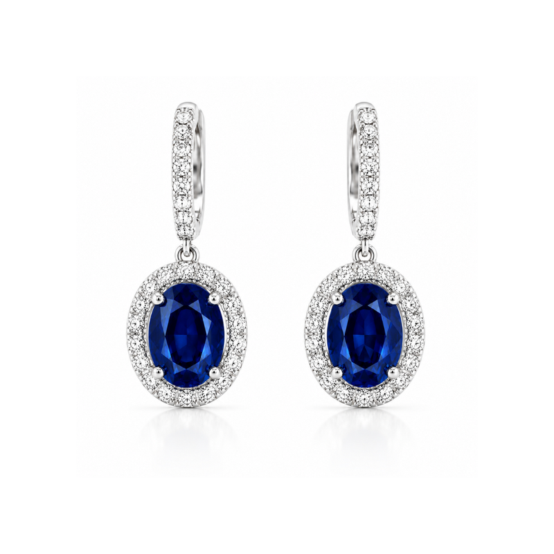 Oval blue sapphire and diamond drop earrings by Appleby Jewellers Dublin, featuring elegant blue sapphires and sparkling diamonds.