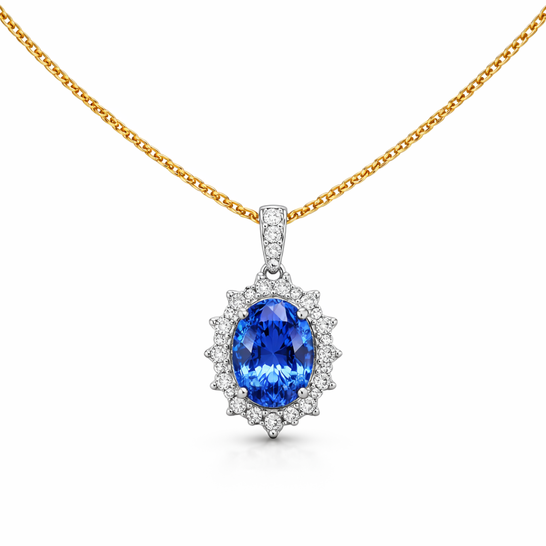 Blue Sapphire & Diamond Halo Pendant (1.71ct)