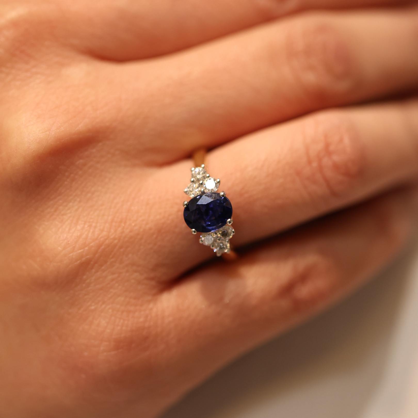 Fine Blue Sapphire & Six Diamond Cluster