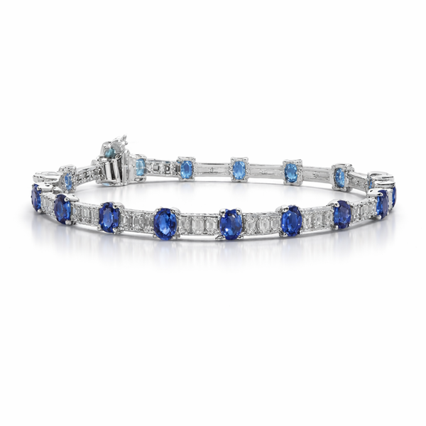 Blue sapphire and diamond bracelet showcasing elegant blue sapphires and sparkling diamonds on a delicate link bracelet.