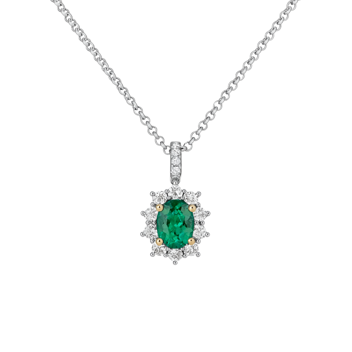 18ct white gold emerald and diamond pendant necklace featuring a brushed gold finish, crafted by Appleby Jewellers Dublin.