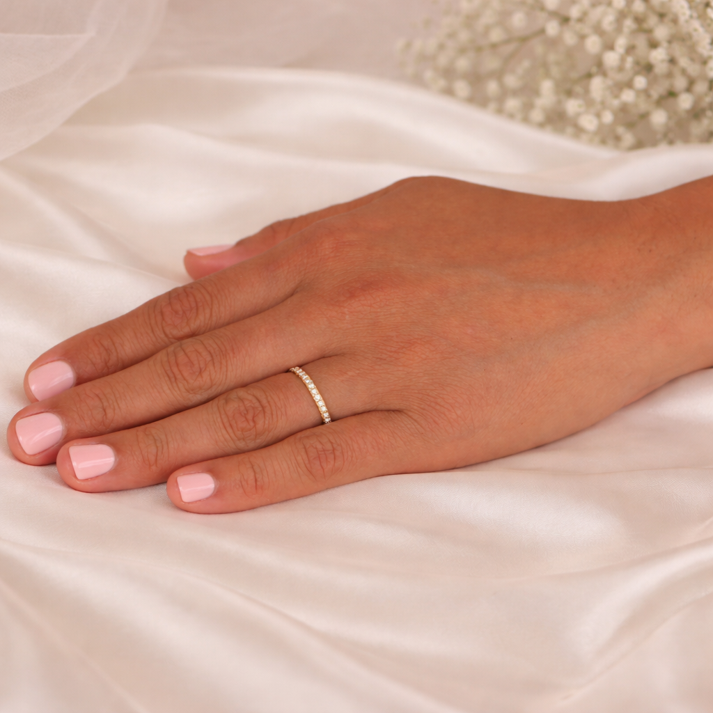Elegant Chantilly ladies' wedding ring by Appleby Jewellers Dublin, featuring intricate design and sparkling details.