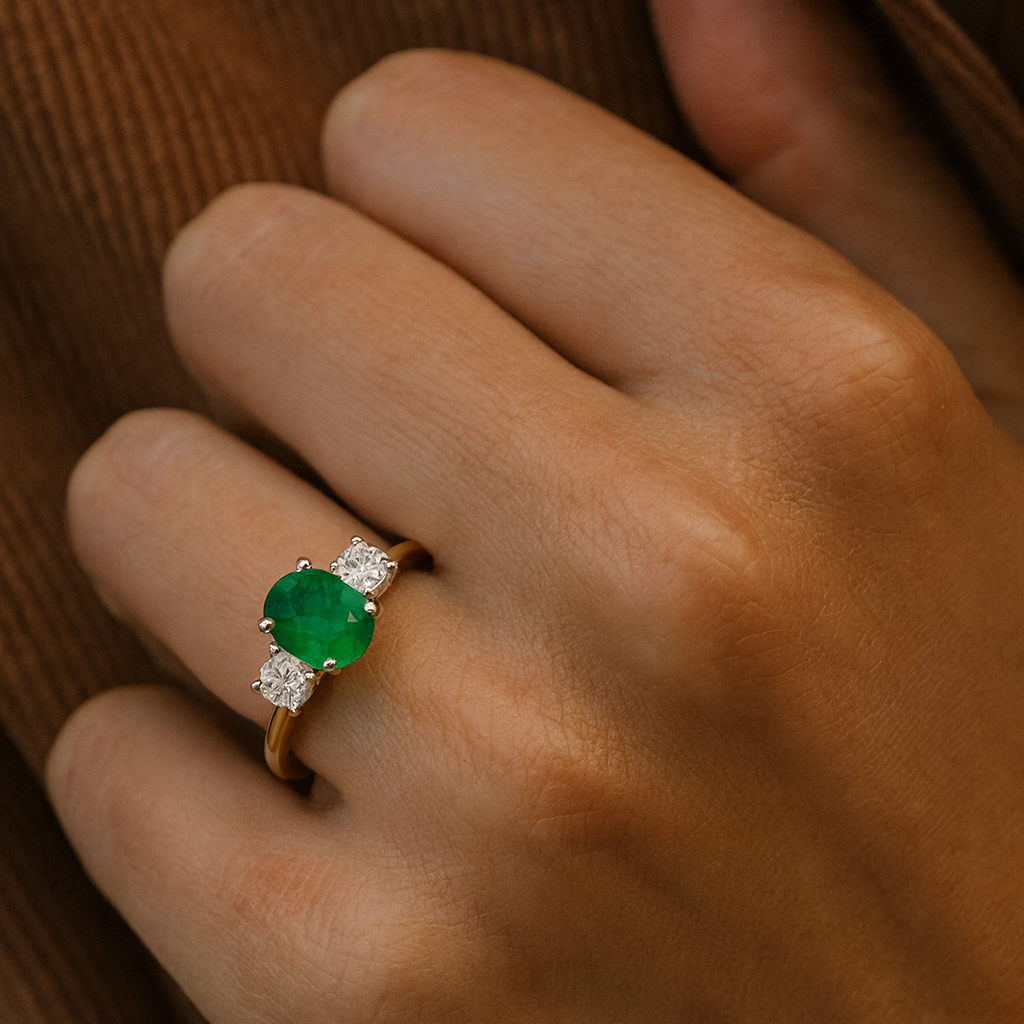 Close-up of a hand wearing a ring with a green gemstone on a brown textured background