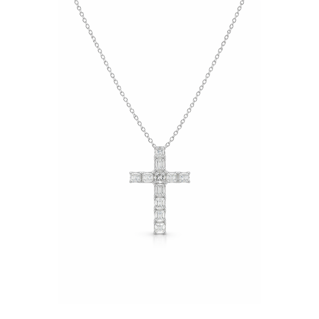 Asscher cut diamond cross pendant on 18ct white gold chain, elegant jewelry piece by Appleby Jewellers Dublin