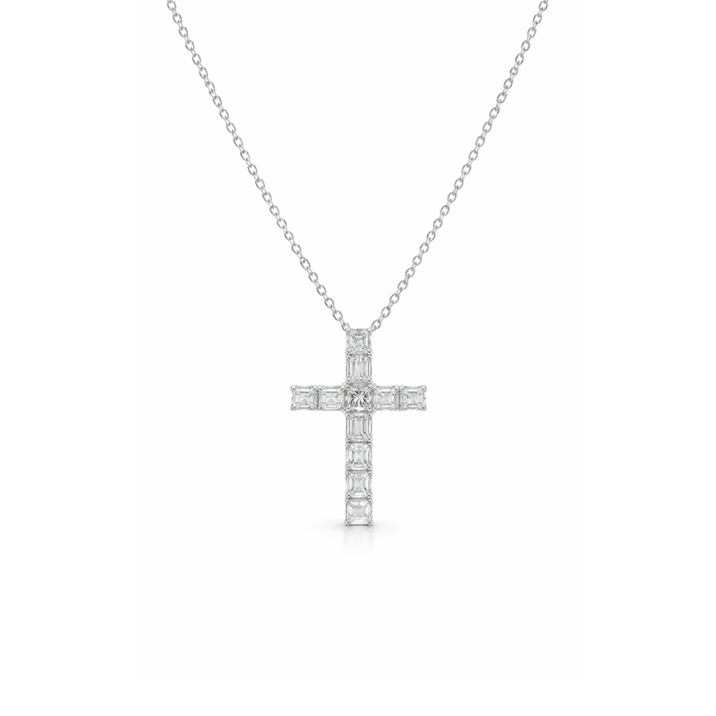 Asscher cut diamond cross pendant on 18ct white gold chain, elegant jewelry piece by Appleby Jewellers Dublin