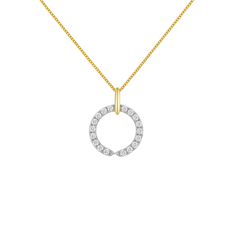 Gold necklace with a diamond-encrusted circular pendant on a white background