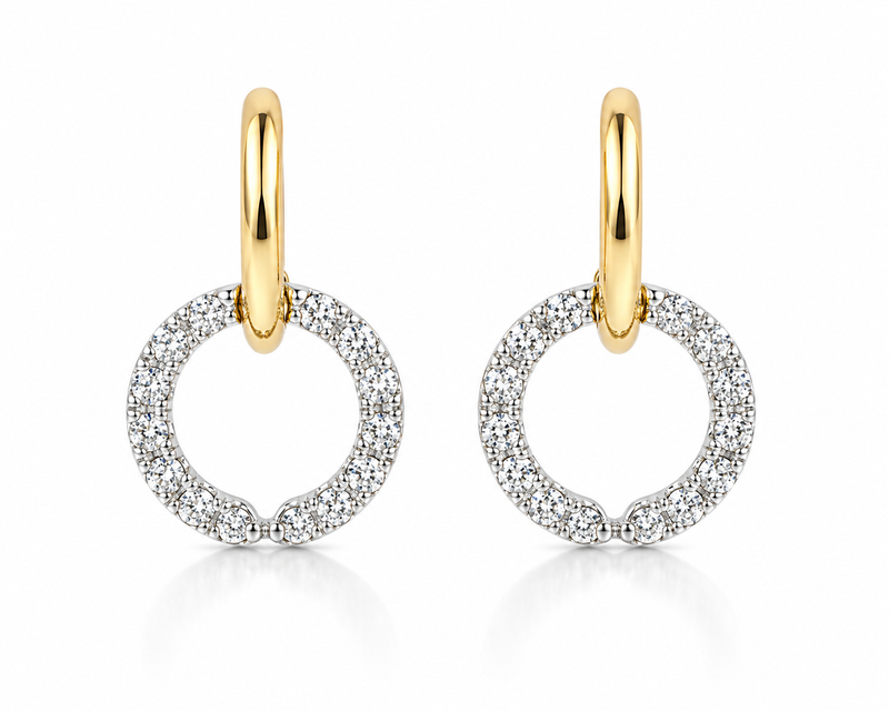 Elegant diamond lunar halo earrings by Appleby Jewellers Dublin featuring sparkling round-cut diamonds and a celestial-inspired design.